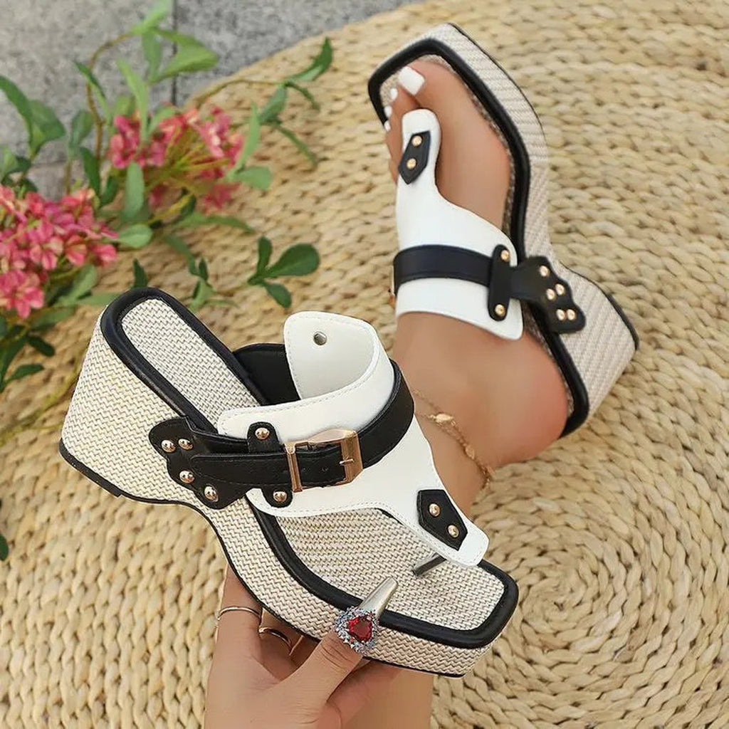 Women's Toe Post Wedge Sandals with Gold-Tone Buckle Strap and Studded Contrast Panel Detail