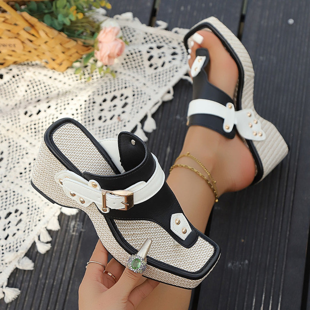 Women's Toe Post Wedge Sandals with Gold-Tone Buckle Strap and Studded Contrast Panel Detail