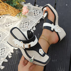 Women's Toe Post Wedge Sandals with Gold-Tone Buckle Strap and Studded Contrast Panel Detail