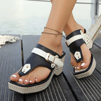 Women's Toe Post Wedge Sandals with Gold-Tone Buckle Strap and Studded Contrast Panel Detail