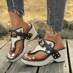 Women's Toe-Ring Wedge Sandals with Leopard-Print Button Detail and Stud Trim