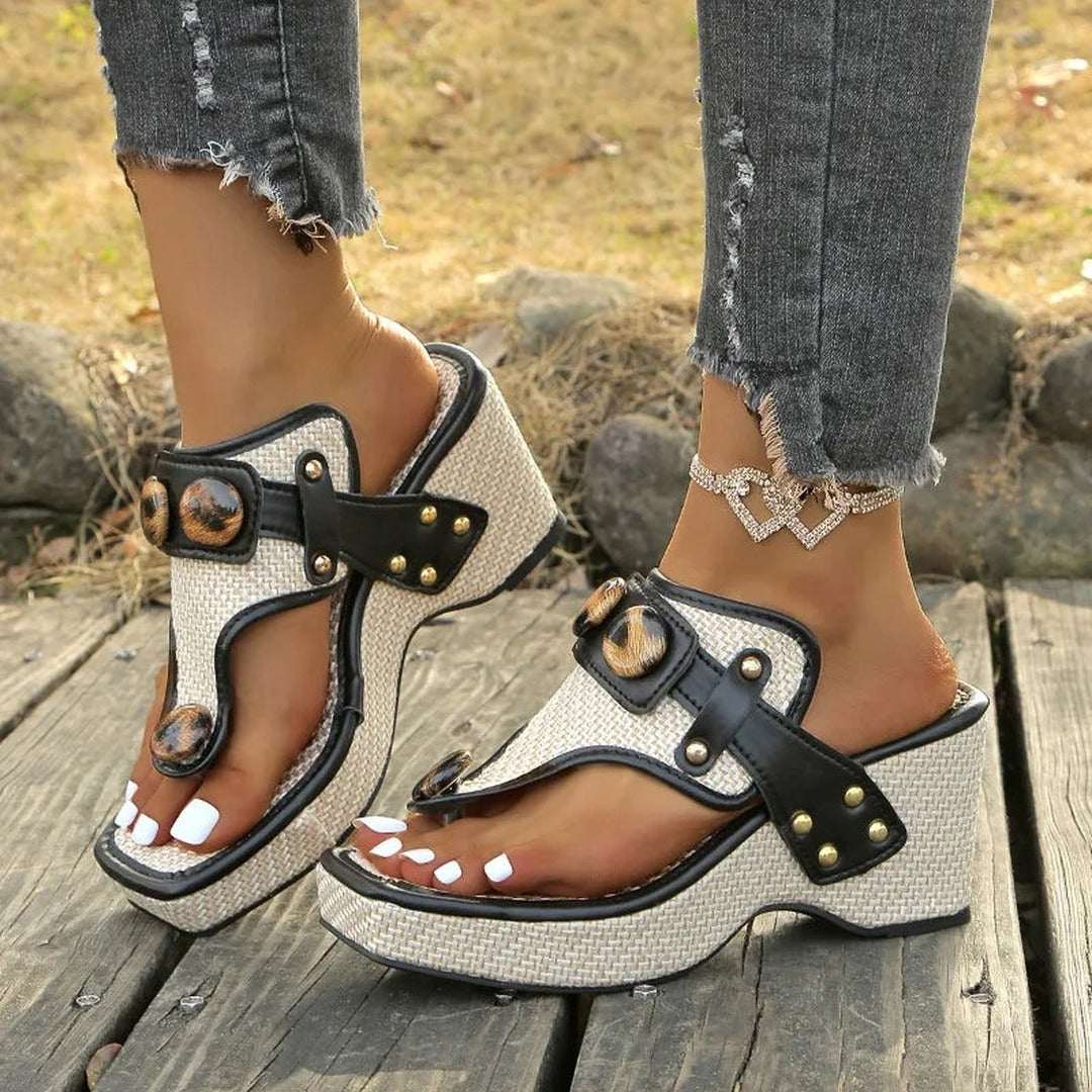 Women's Toe-Ring Wedge Sandals with Leopard-Print Button Detail and Stud Trim