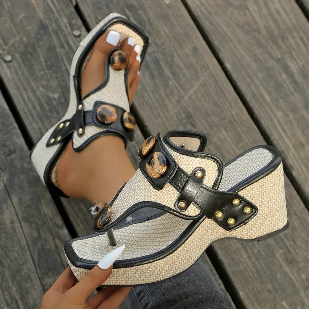 Women's Toe-Ring Wedge Sandals with Leopard-Print Button Detail and Stud Trim