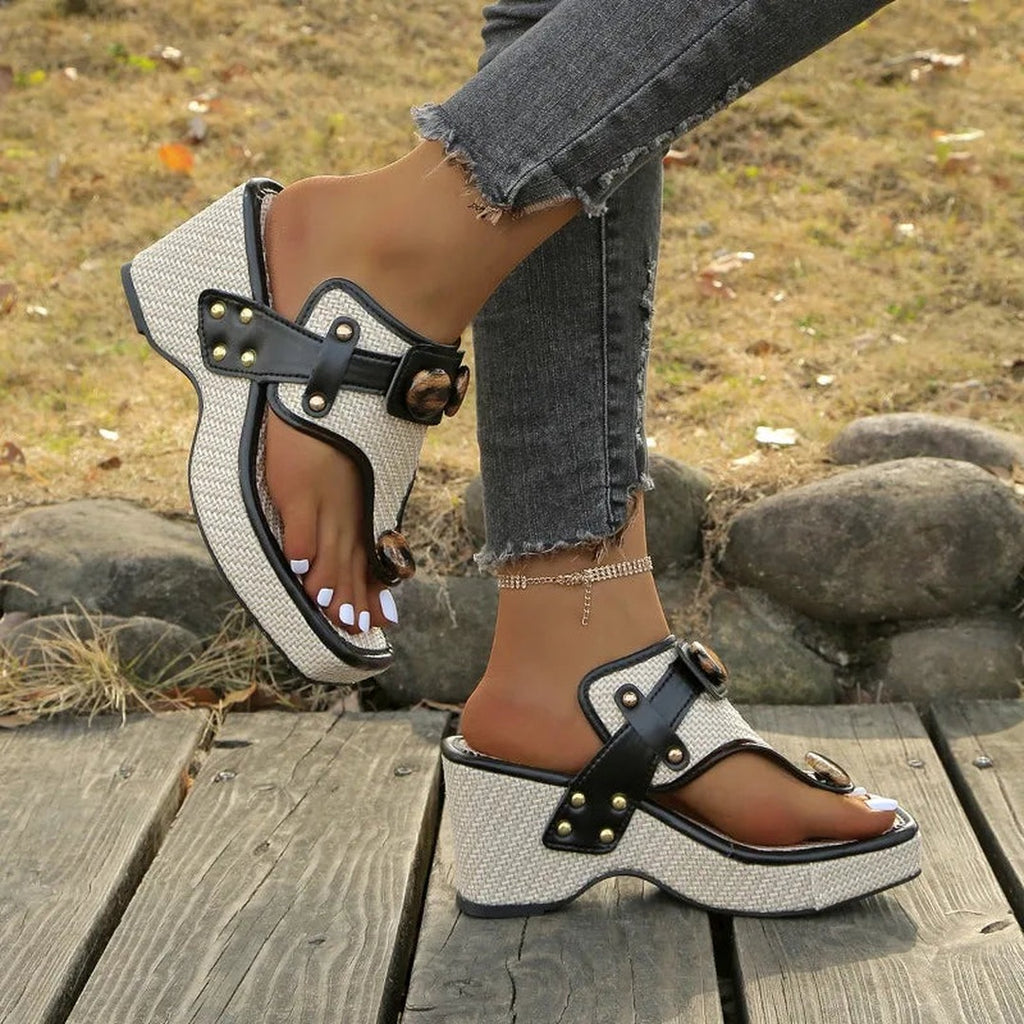 Women's Toe-Ring Wedge Sandals with Leopard-Print Button Detail and Stud Trim