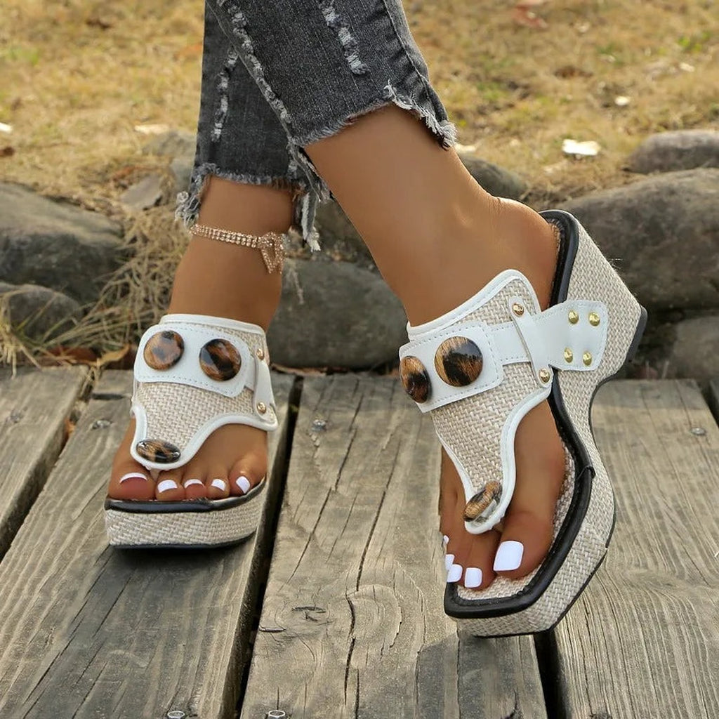 Women's Toe-Ring Wedge Sandals with Leopard-Print Button Detail and Stud Trim