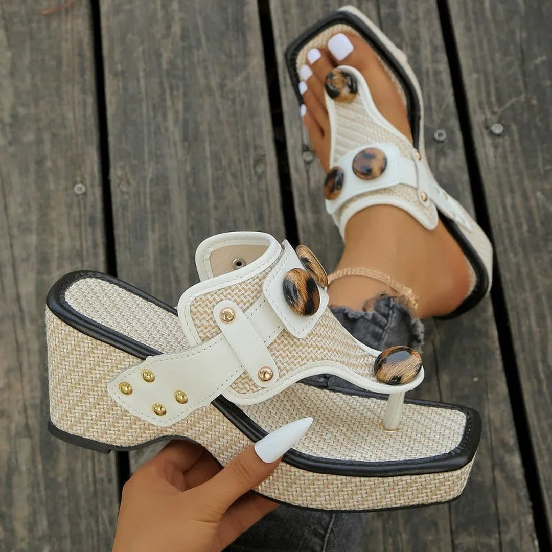 Women's Toe-Ring Wedge Sandals with Leopard-Print Button Detail and Stud Trim