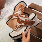 Women's Toe-Ring Wedge Sandals with Leopard-Print Button Detail and Stud Trim