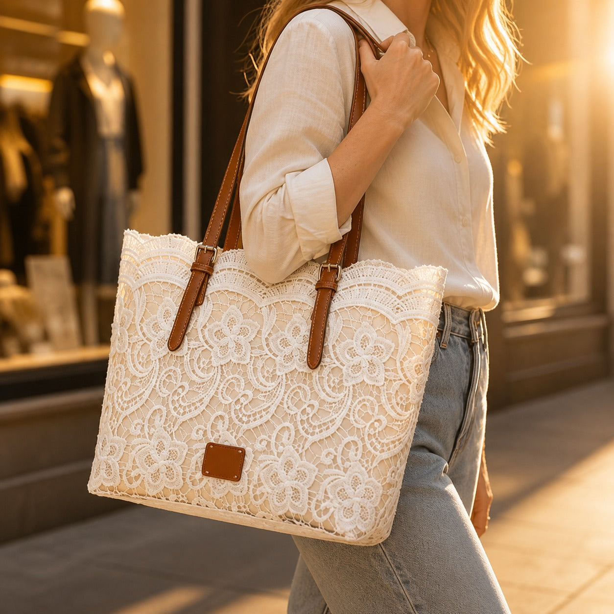 Women's Tote Large Handbag with Embroidered Overlay and Contrast Straps