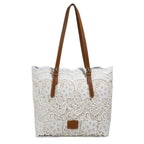 Women's Tote Large Handbag with Embroidered Overlay and Contrast Straps