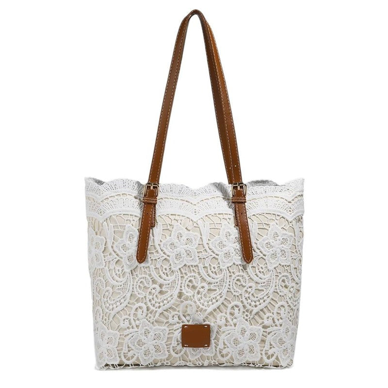 Women's Tote Large Handbag with Embroidered Overlay and Contrast Straps