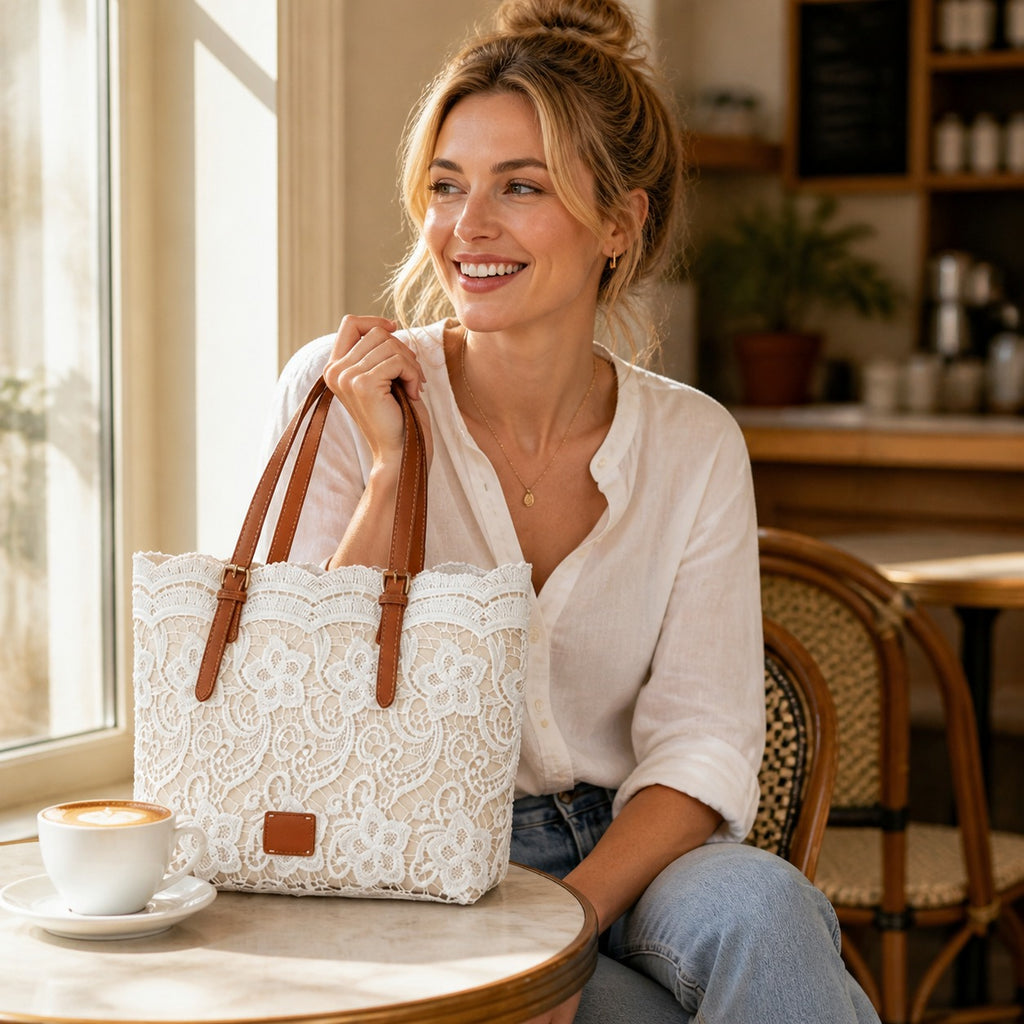 Women's Tote Large Handbag with Embroidered Overlay and Contrast Straps