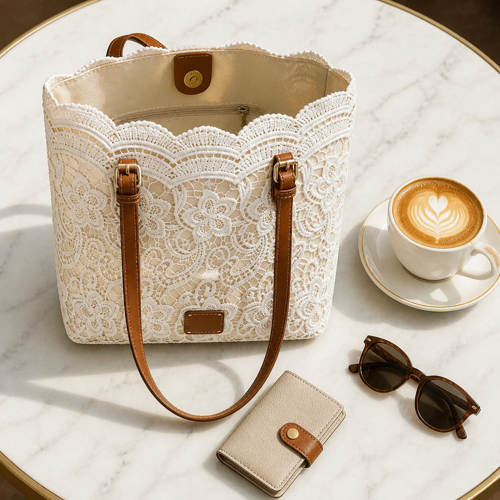 Women's Tote Large Handbag with Embroidered Overlay and Contrast Straps
