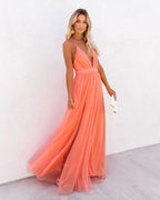 Women's Tulle Floor Length Dress with Plunge Neckline and Open Back
