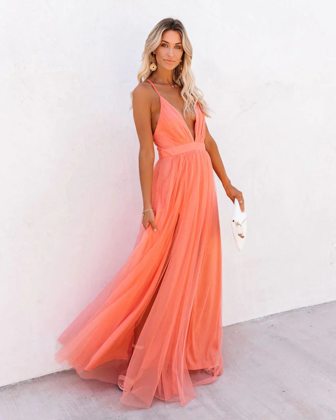 Women's Tulle Floor Length Dress with Plunge Neckline and Open Back