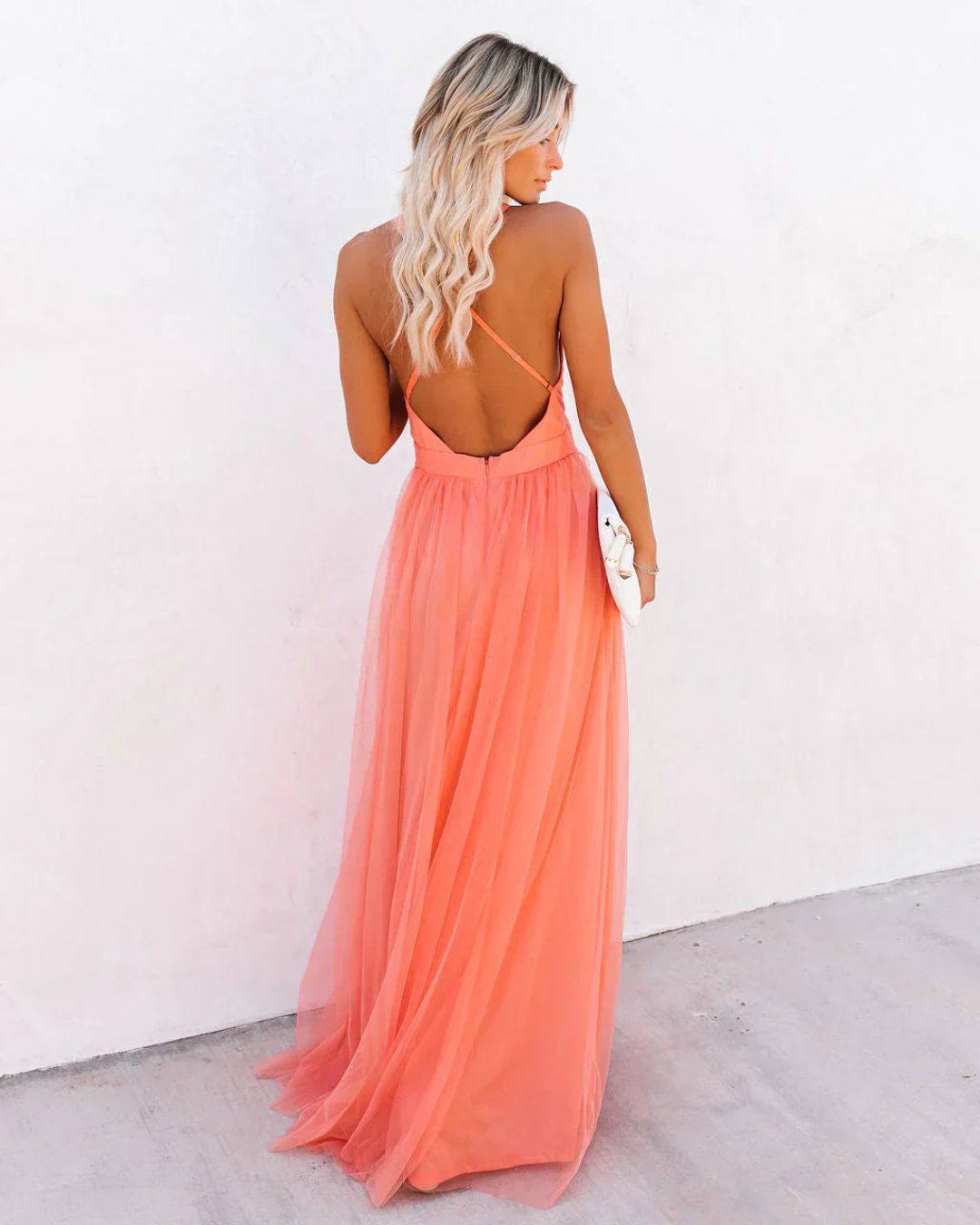 Women's Tulle Floor Length Dress with Plunge Neckline and Open Back