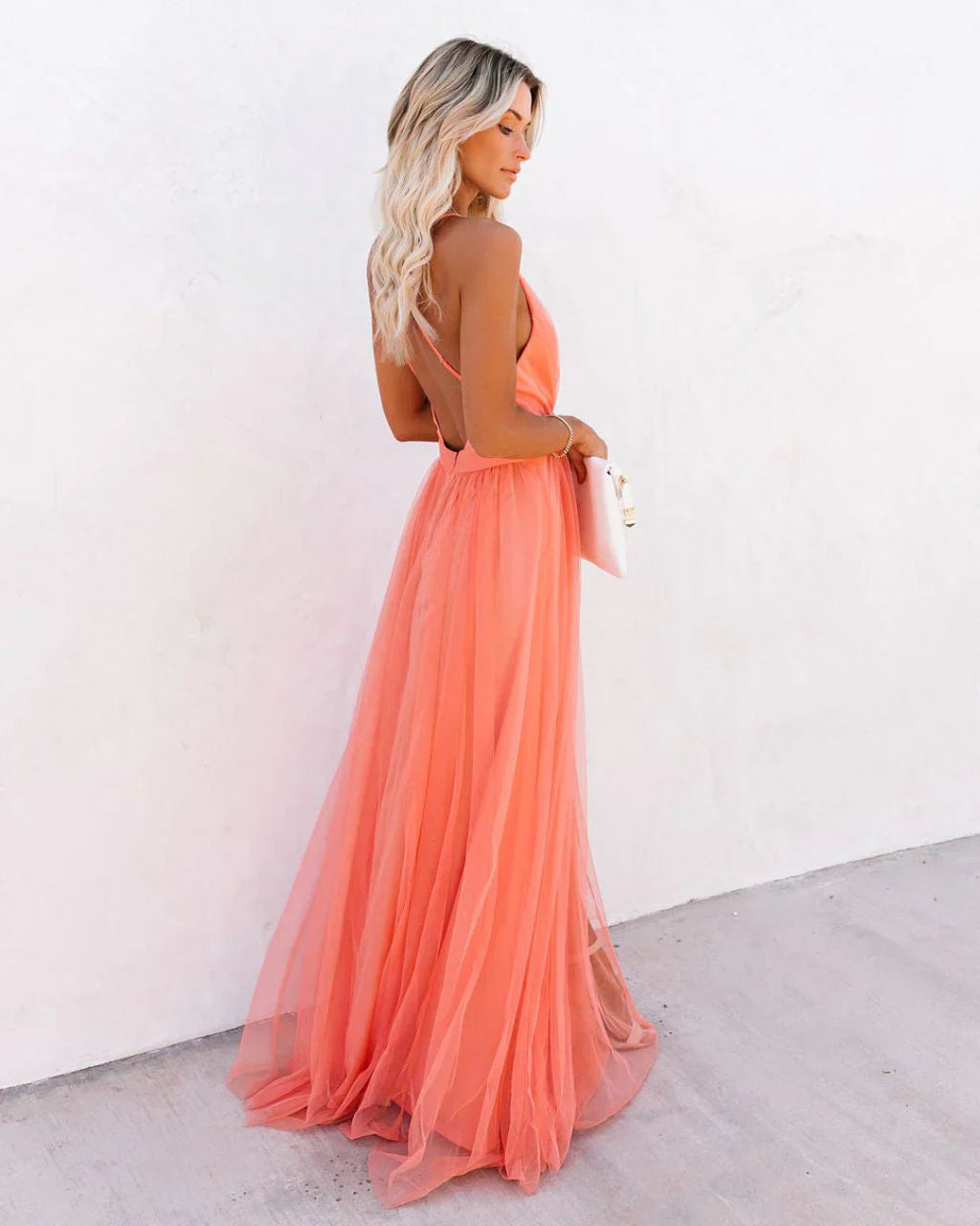 Women's Tulle Floor Length Dress with Plunge Neckline and Open Back