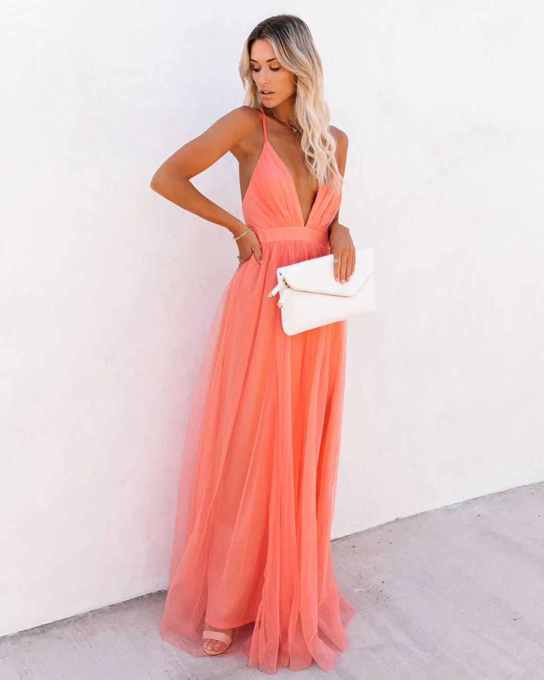 Women's Tulle Floor Length Dress with Plunge Neckline and Open Back