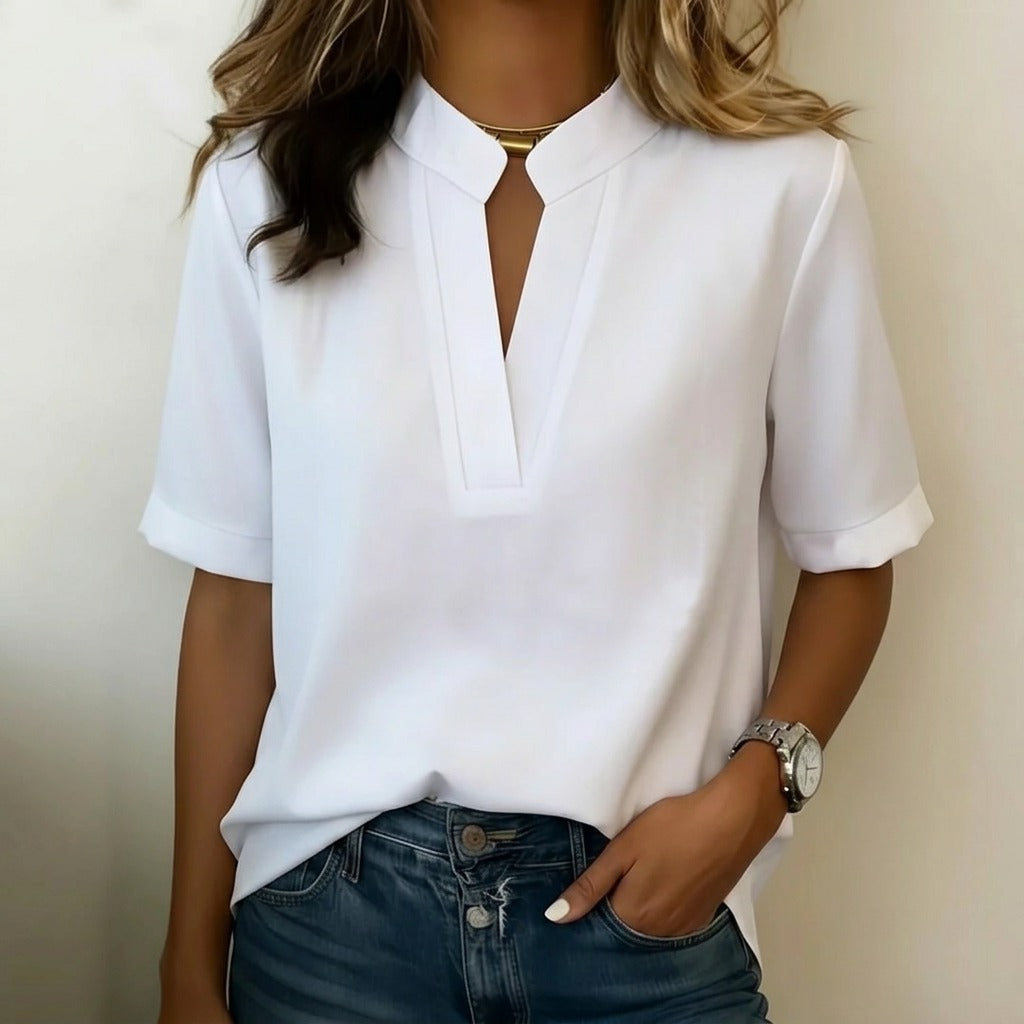 Women's Tunic Blouse with V-Neck and Short Sleeves