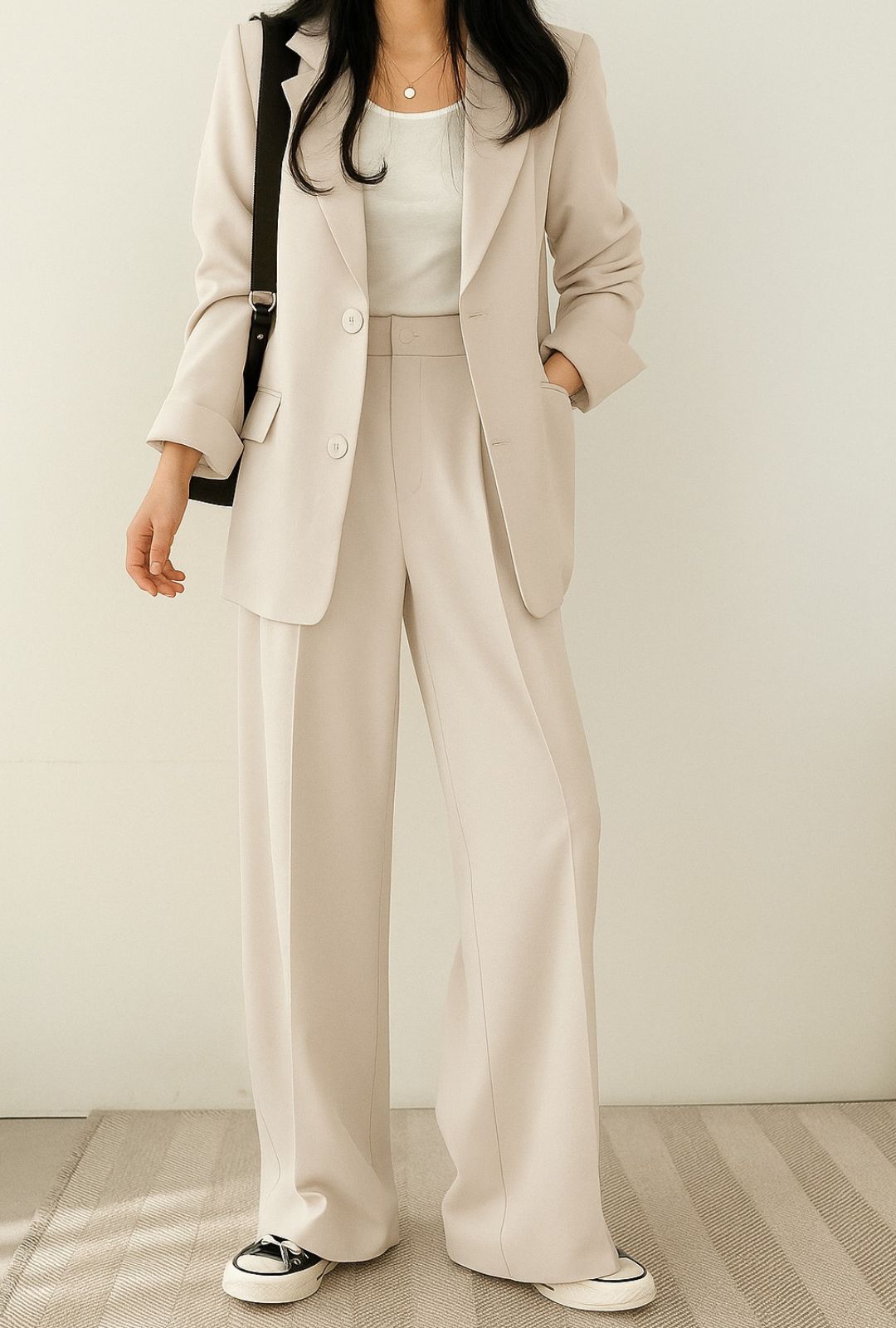 Women's Two-Piece Blazer and Wide-Leg Trousers Set with Notch Lapel and Button Front