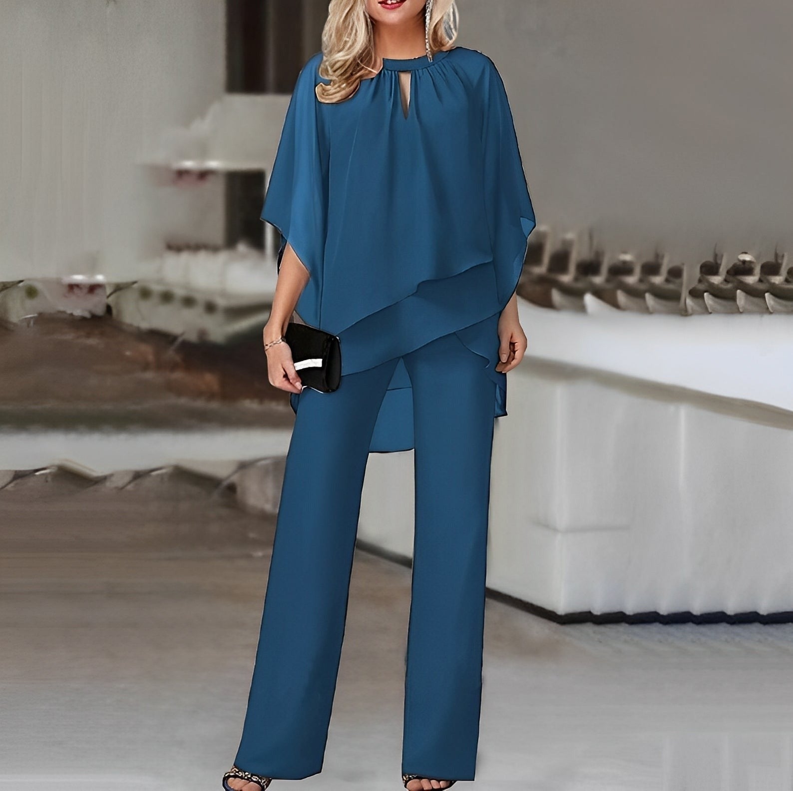 Women's Two Piece Co-Ord Trouser Set with Blouse and Wide Leg