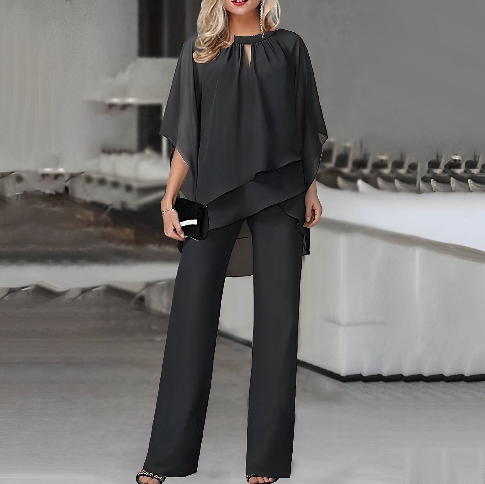 Women's Two Piece Co-Ord Trouser Set with Blouse and Wide Leg