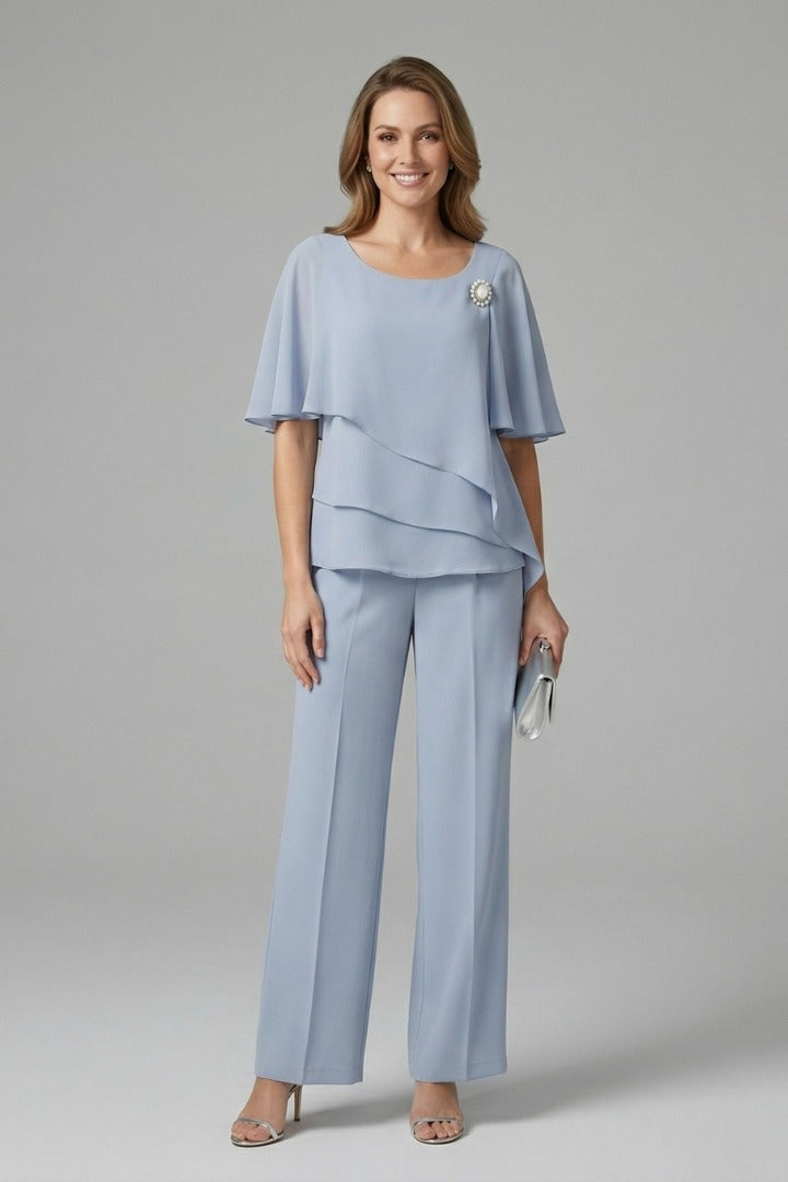 Women's Two Piece Elegant Trouser Set with Blouse and Wide Leg