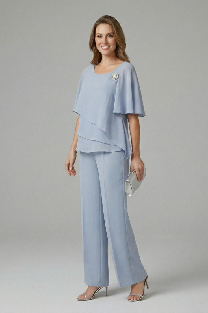 Women's Two Piece Elegant Trouser Set with Blouse and Wide Leg