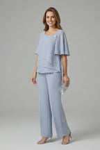 Women's Two Piece Elegant Trouser Set with Blouse and Wide Leg