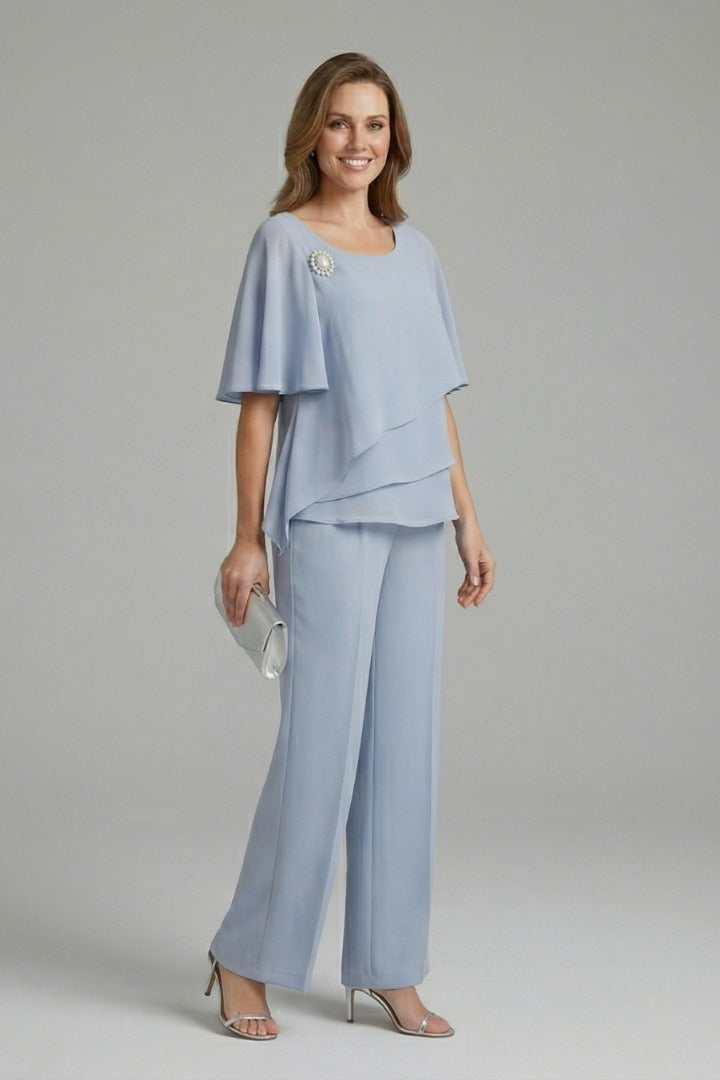 Women's Two Piece Elegant Trouser Set with Blouse and Wide Leg