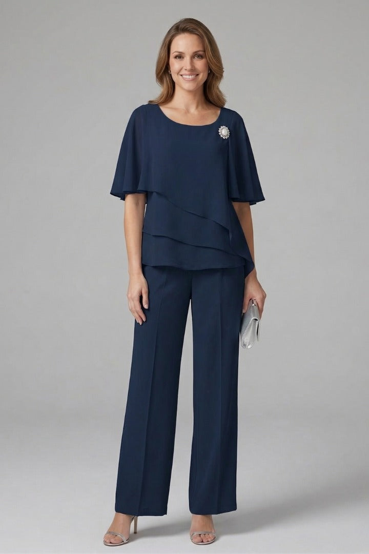 Women's Two Piece Elegant Trouser Set with Blouse and Wide Leg