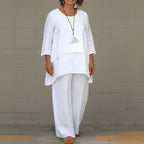 Women's Two Piece Elegant Trouser Set with Layered Blouse and Wide Leg Trousers