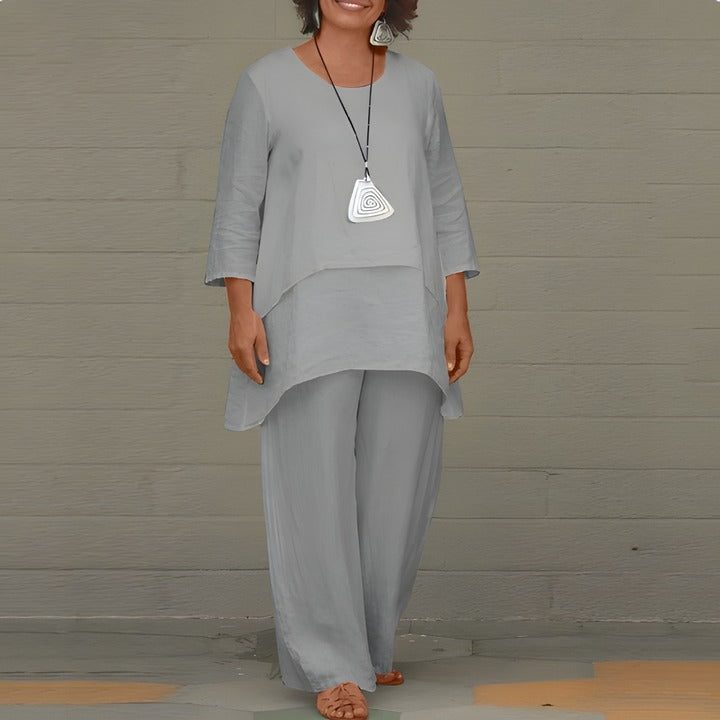 Women's Two Piece Elegant Trouser Set with Layered Blouse and Wide Leg Trousers