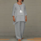 Women's Two Piece Elegant Trouser Set with Layered Blouse and Wide Leg Trousers