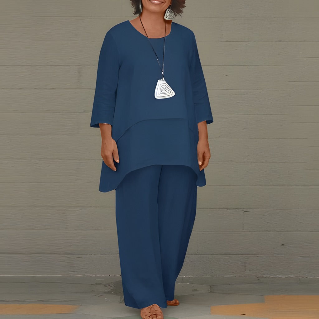 Women's Two Piece Elegant Trouser Set with Layered Blouse and Wide Leg Trousers