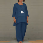 Women's Two Piece Elegant Trouser Set with Layered Blouse and Wide Leg Trousers