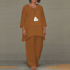 Women's Two Piece Elegant Trouser Set with Layered Blouse and Wide Leg Trousers