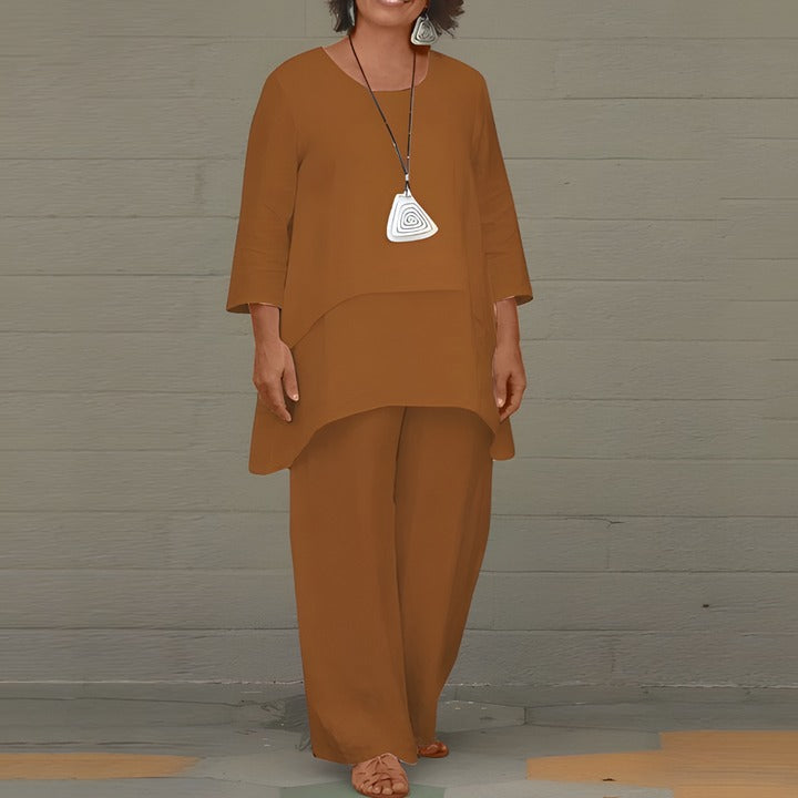 Women's Two Piece Elegant Trouser Set with Layered Blouse and Wide Leg Trousers