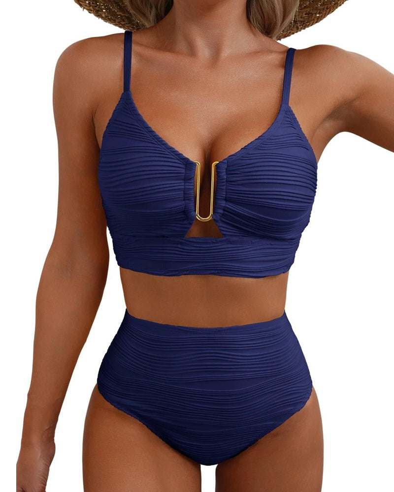 Women's Two Piece High Waisted Bikini Set with Gold Hardware Detail