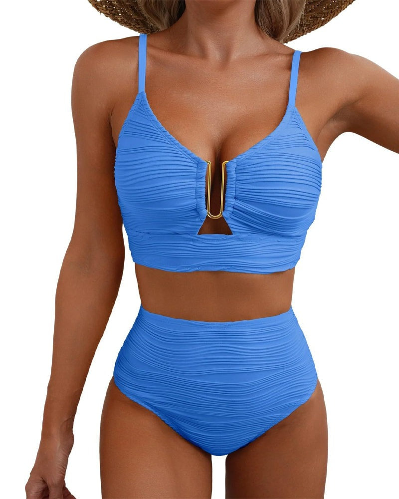 Women's Two Piece High Waisted Bikini Set with Gold Hardware Detail