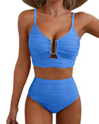 Women's Two Piece High Waisted Bikini Set with Gold Hardware Detail