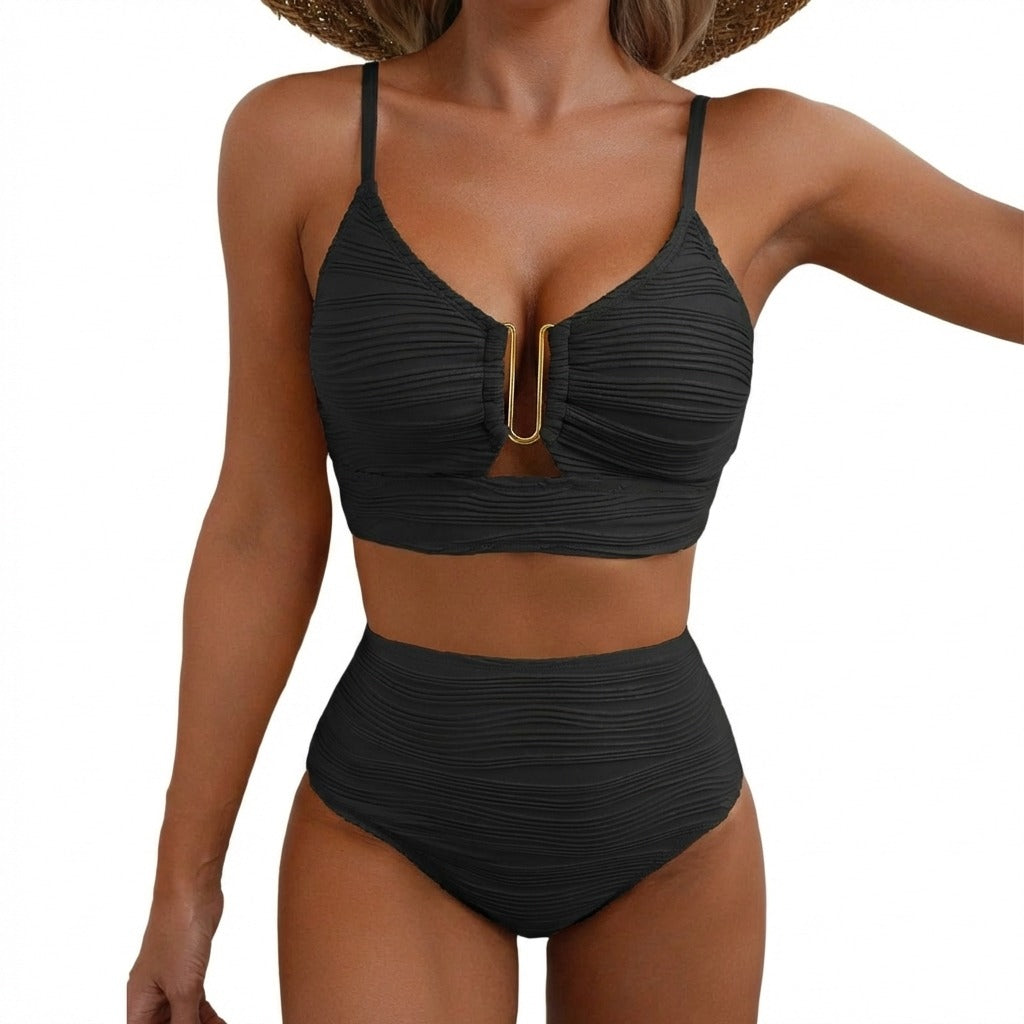Women's Two Piece High Waisted Bikini Set with Gold Hardware Detail