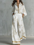Women's Two Piece Holiday Trouser Set with Zip-Front Blouse and Wide Leg