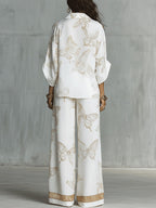 Women's Two Piece Holiday Trouser Set with Zip-Front Blouse and Wide Leg