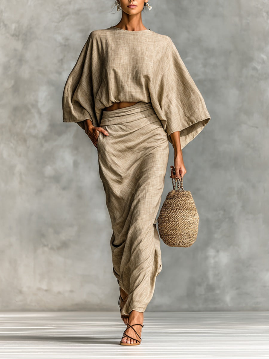 Women's Two Piece Linen Co-Ord Set with Batwing Top and Wide Leg Trousers