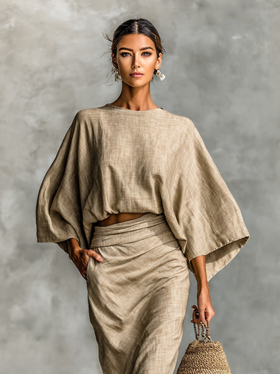 Women's Two Piece Linen Co-Ord Set with Batwing Top and Wide Leg Trousers