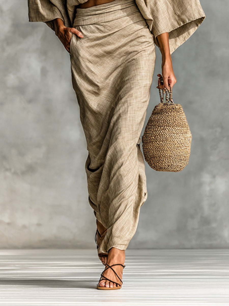 Women's Two Piece Linen Co-Ord Set with Batwing Top and Wide Leg Trousers