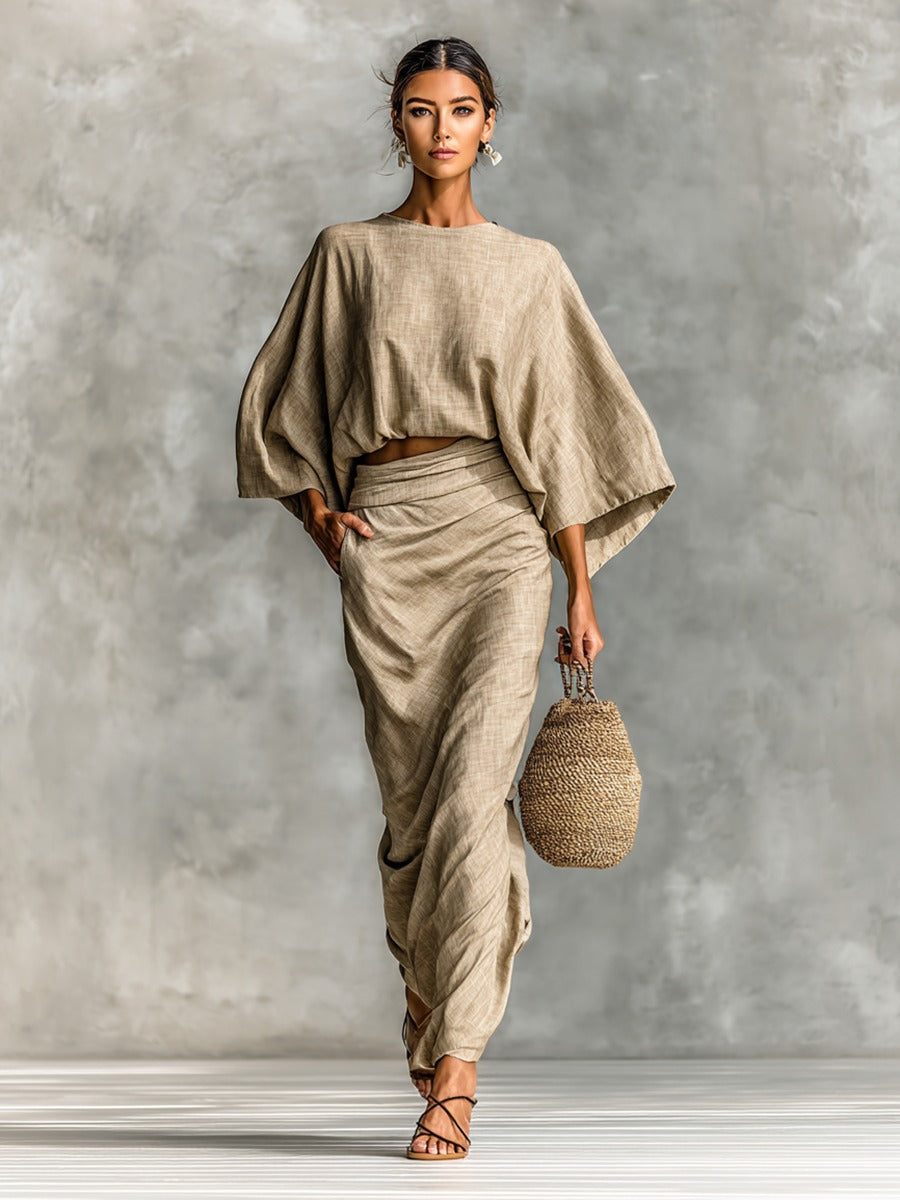 Women's Two Piece Linen Co-Ord Set with Batwing Top and Wide Leg Trousers
