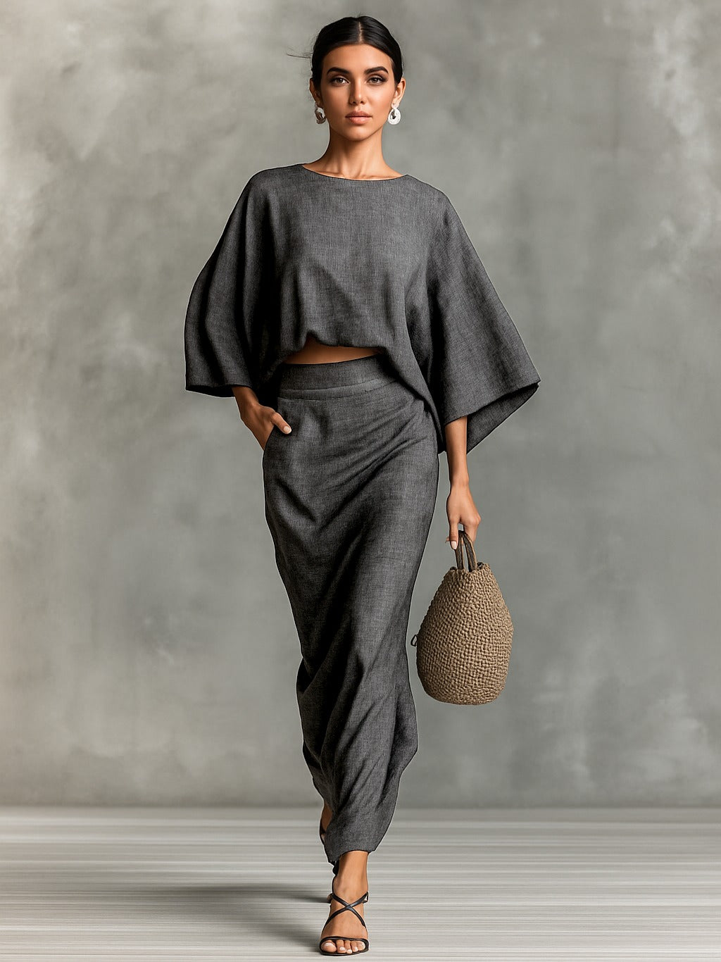Women's Two Piece Linen Co-Ord Set with Batwing Top and Wide Leg Trousers