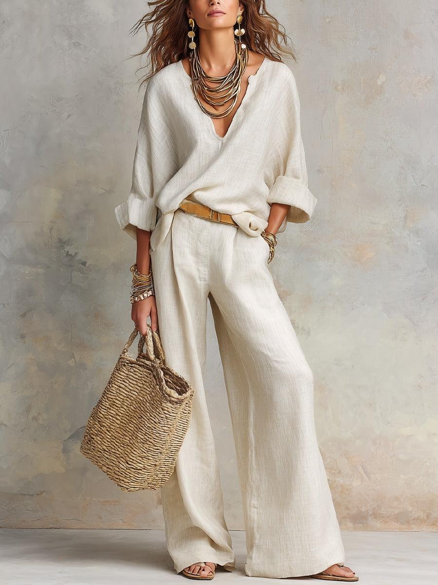 Women's Two Piece Linen Set with V-Neck Blouse and Wide Leg Trousers