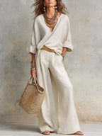 Women's Two Piece Linen Set with V-Neck Blouse and Wide Leg Trousers